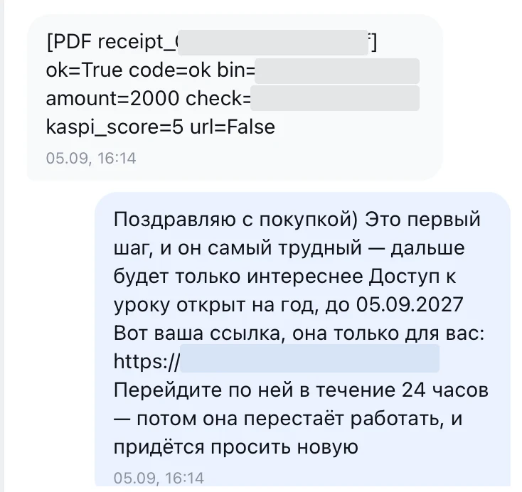 Бот проверил чек Kaspi и выдал доступ